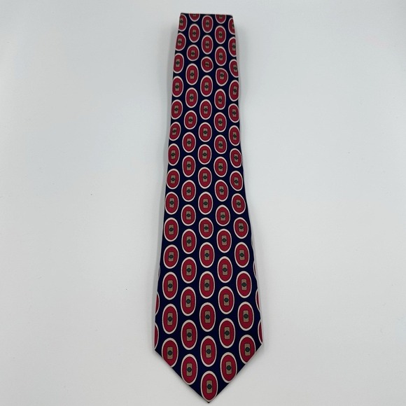 Lands End Tie Mens Blue Red Geometric Medallion 100% Silk Made USA Necktie - Picture 6 of 7